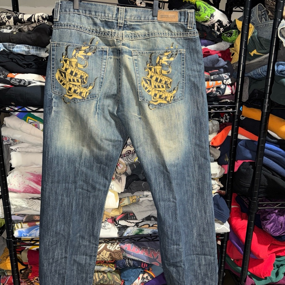 Y2K Jordan Craig Fire Water Back Print Baggy Jeans Size 36x34
